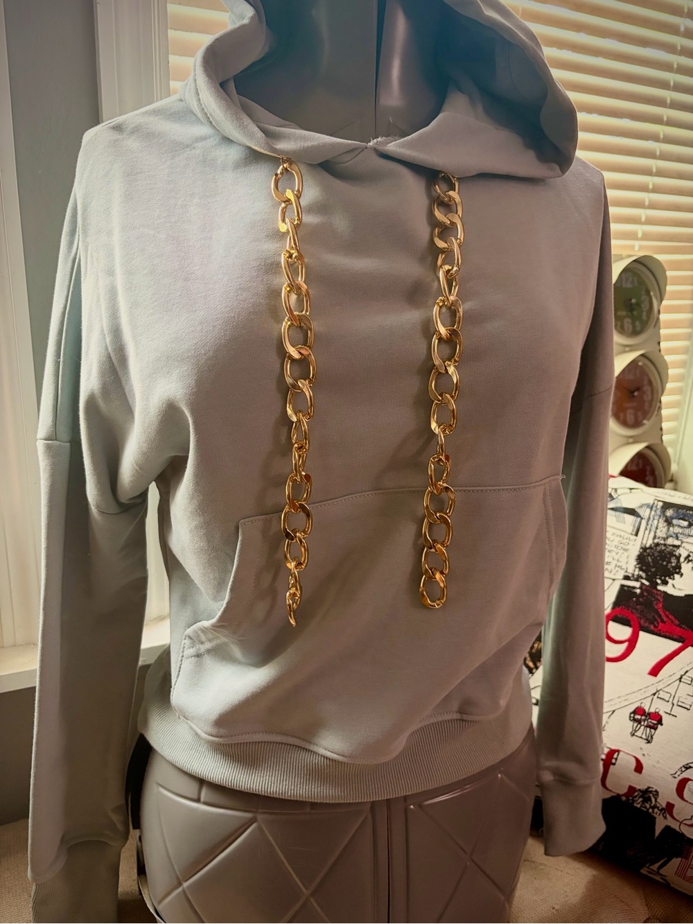Gold-Chain Detail Hooded Sweatshirt - Light Blue